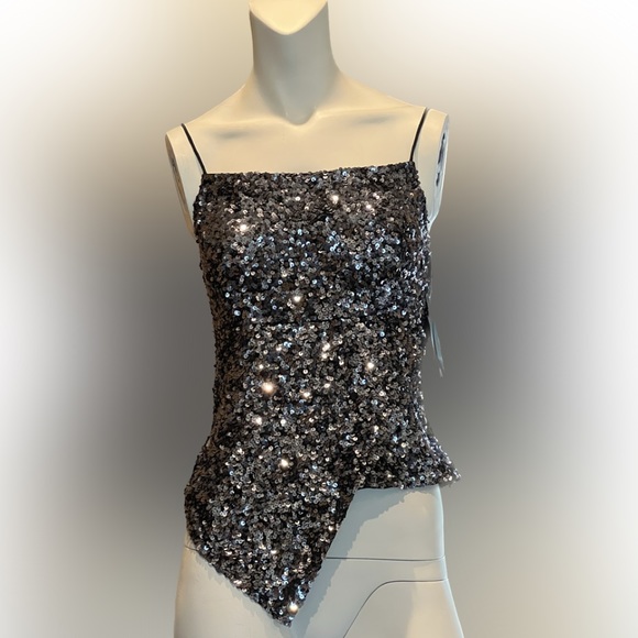 NWT Sean Collection Sequin Asymmetrical Camisole Silver Spaghetti Straps SZ XS - Picture 5 of 16